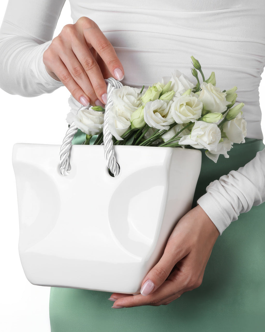 White Ceramic Handbag Vase with Rope Handles
