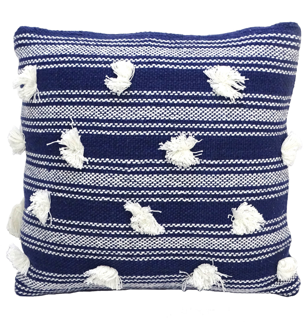 Blue Woven Pom-Pom Throw Pillow