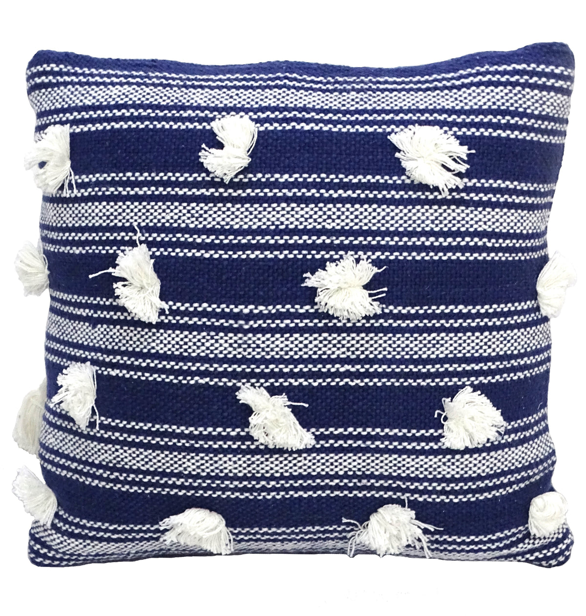 Blue Woven Pom-Pom Throw Pillow