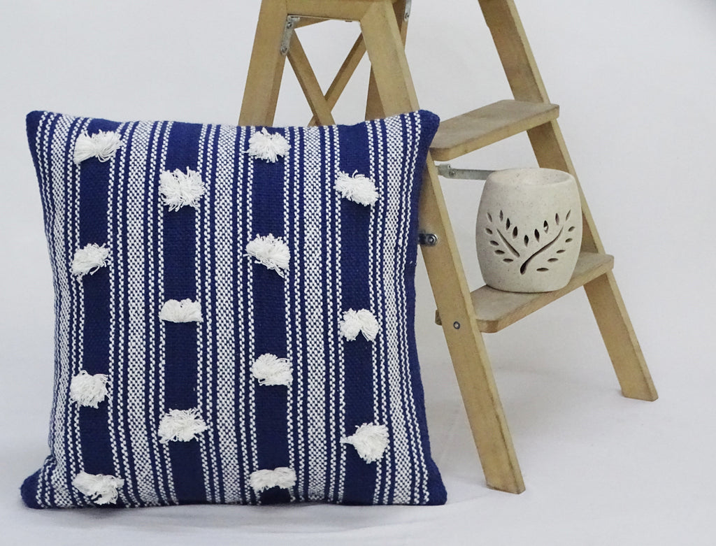 Blue Woven Pom-Pom Throw Pillow