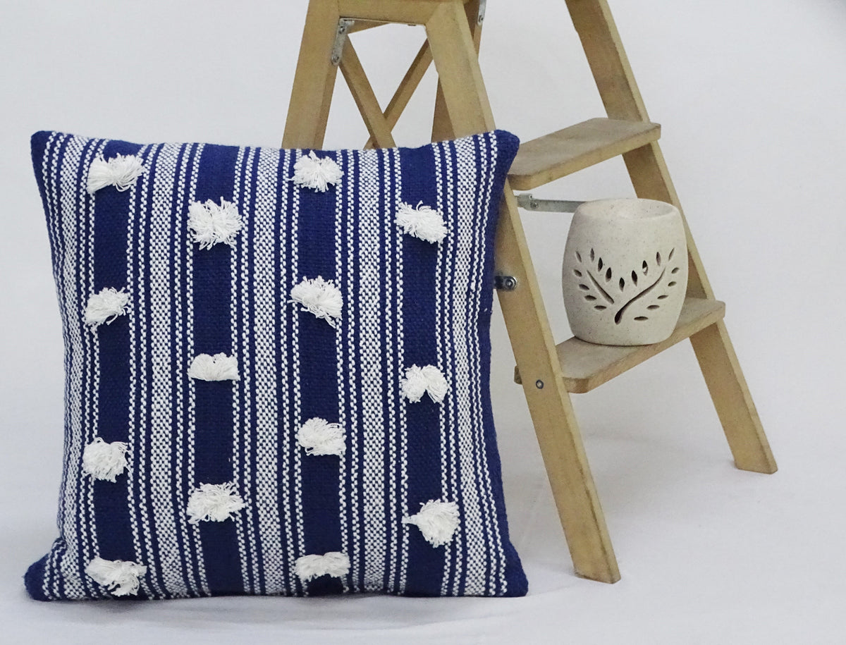 Blue Woven Pom-Pom Throw Pillow