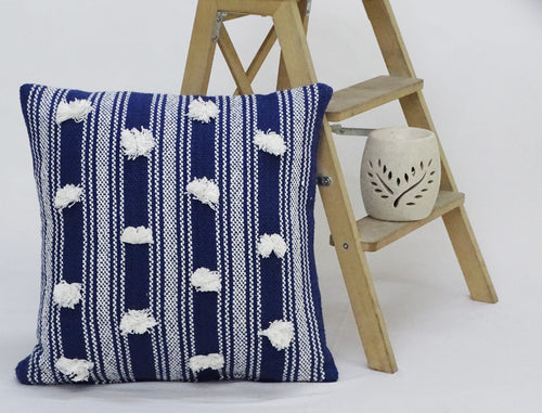Blue Woven Pom-Pom Throw Pillow