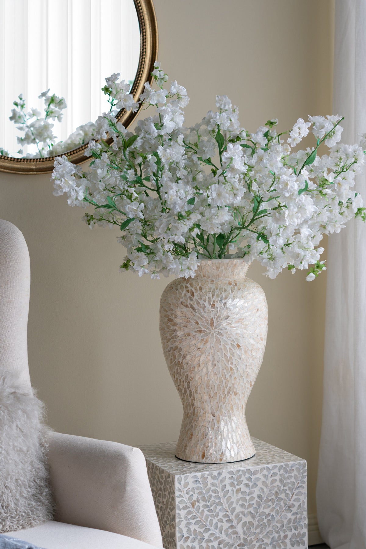 Gold and white Capiz shell motif vase — product view 5
