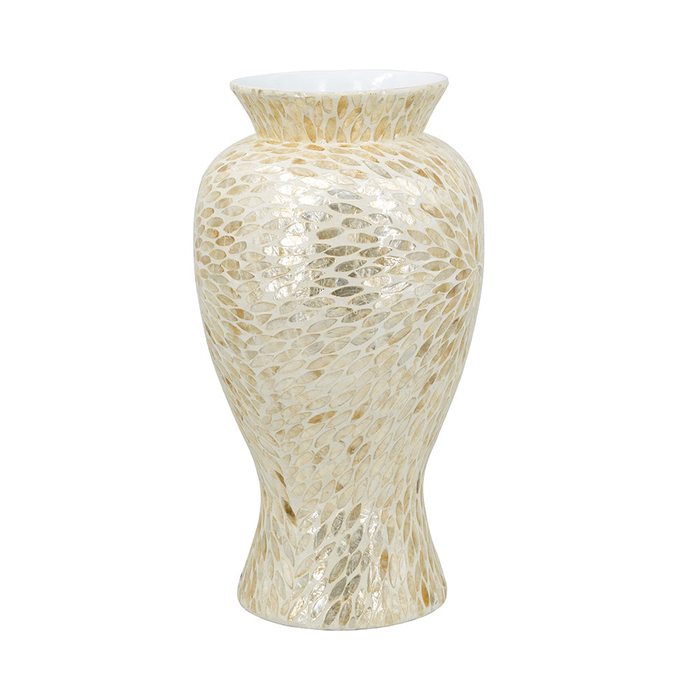 Gold and white Capiz shell motif vase on a white background
