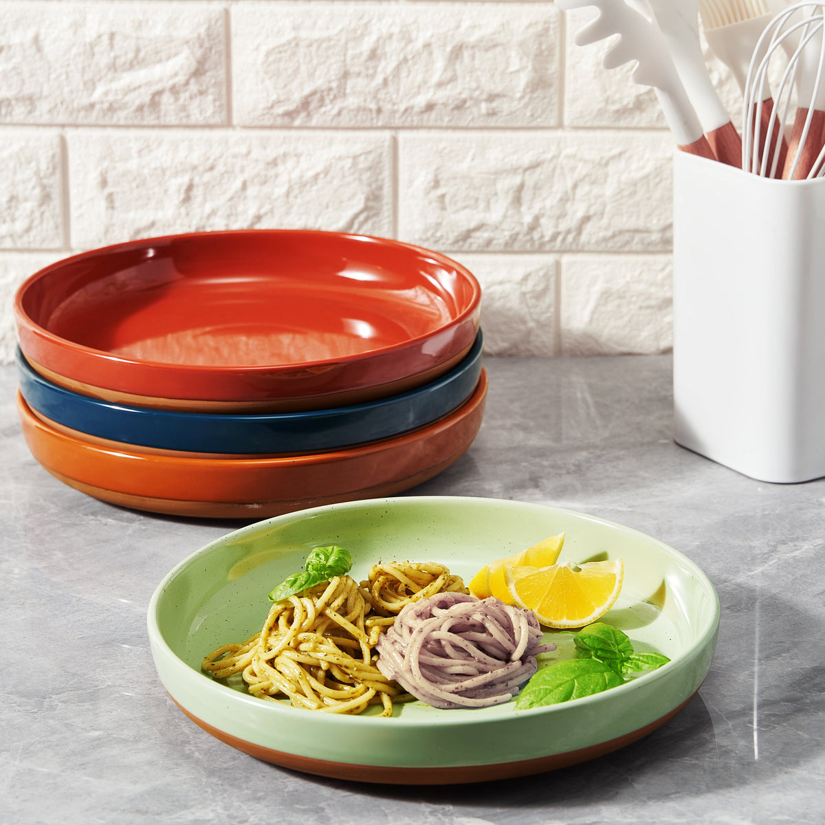 Muted Tonal Ceramic Flat Bowls — Set of 4