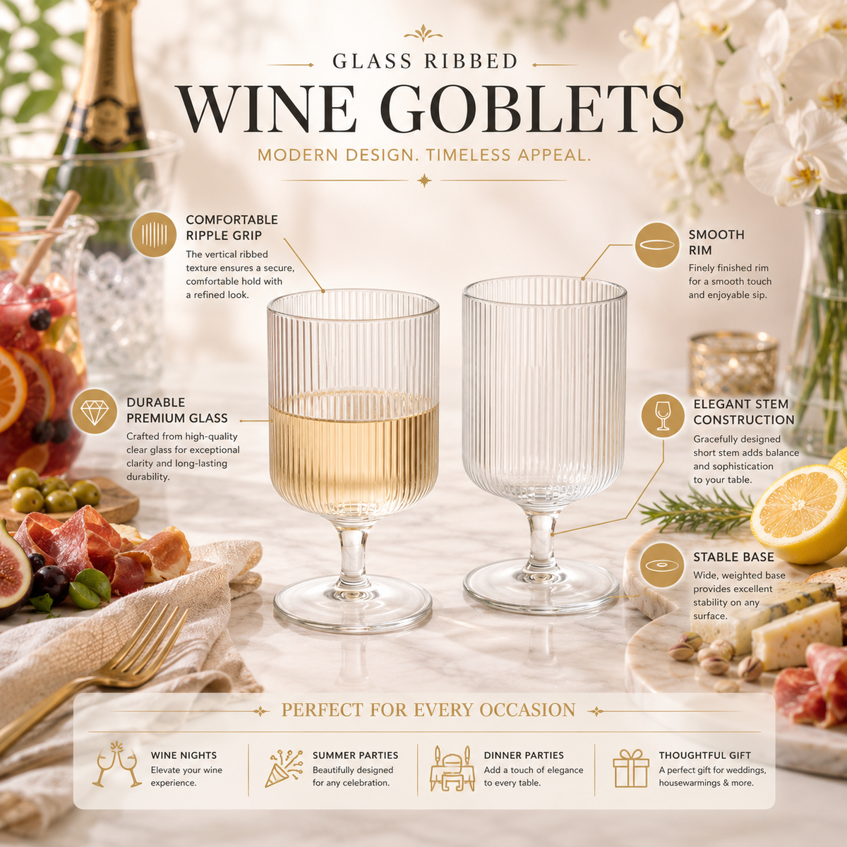 Khen Clear Ribbed Wine Goblets — Set of 2