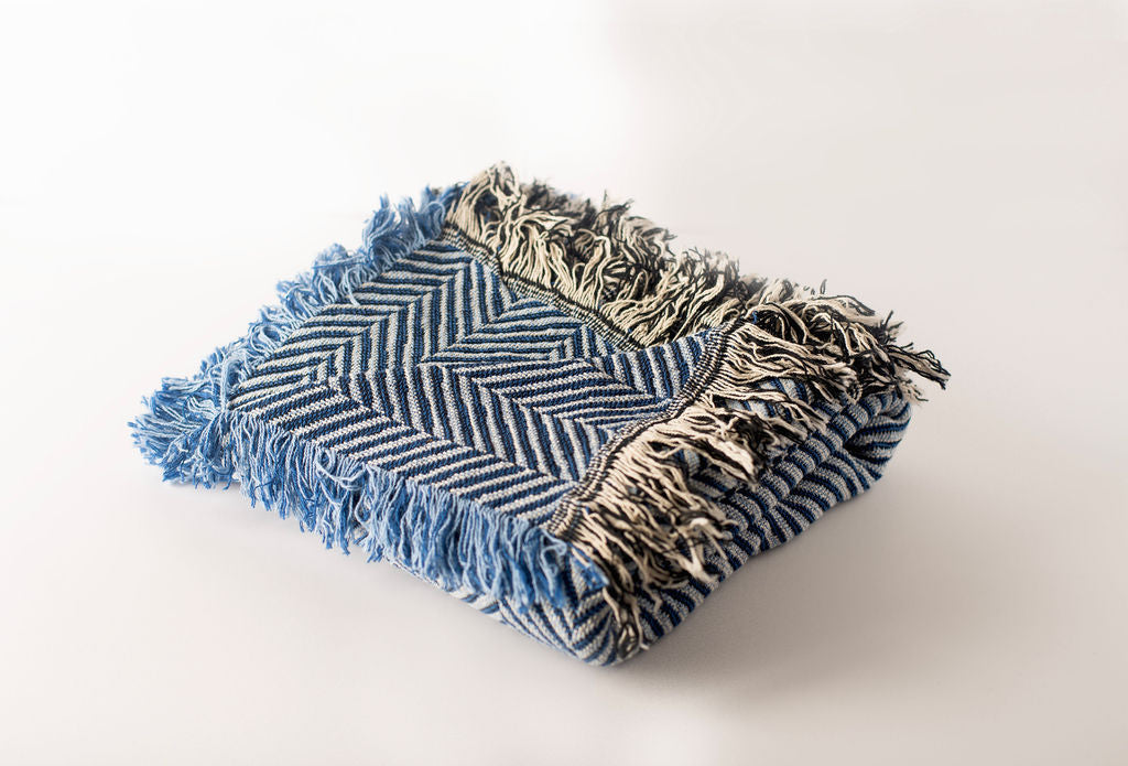 Blue Herringbone Reversible Cotton Throw