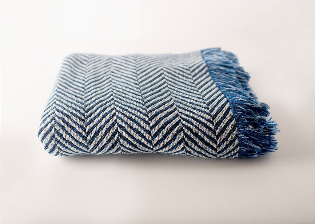 Blue Herringbone Reversible Cotton Throw