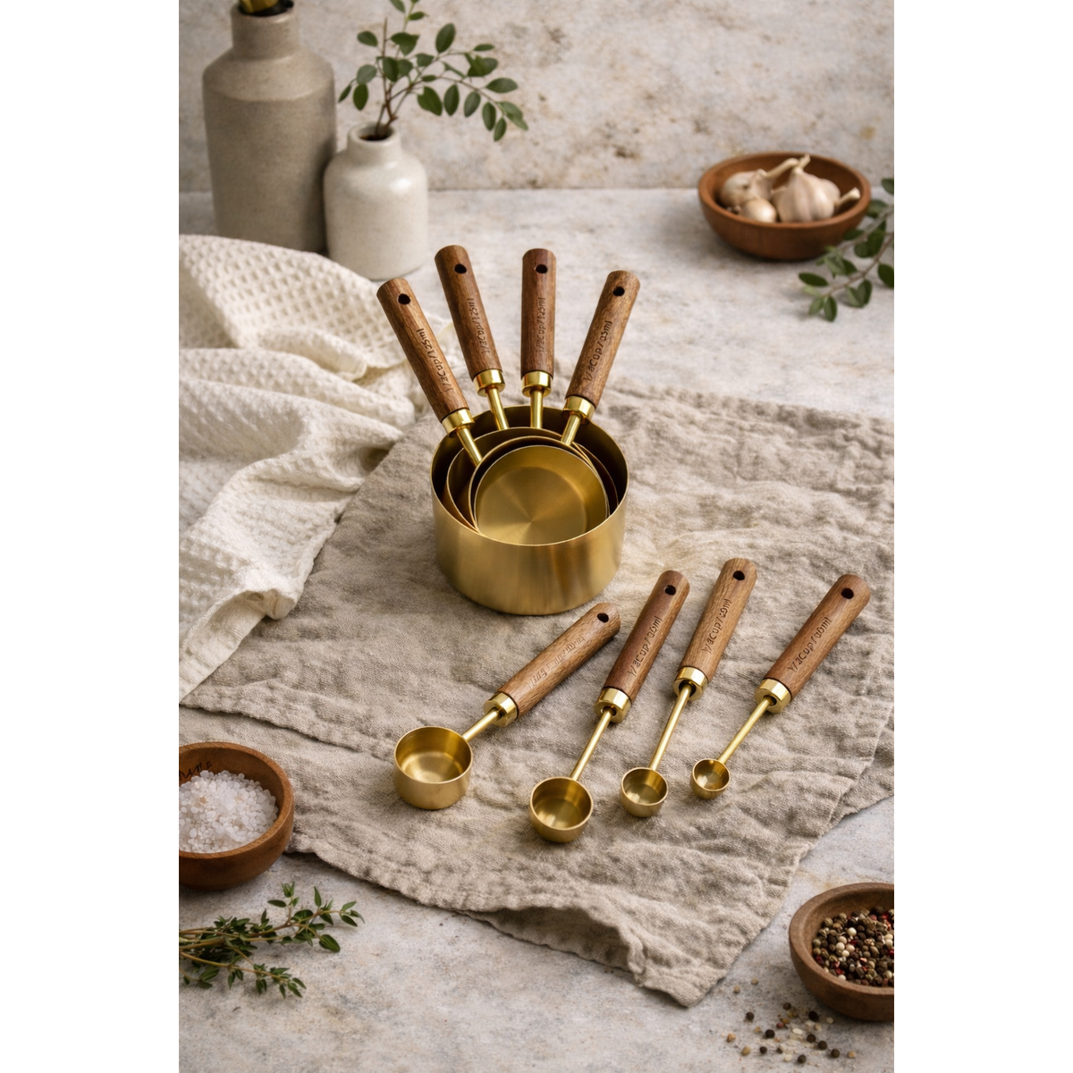 Montecito Wood & Gold Measuring Cups and Spoons — Set of 8
