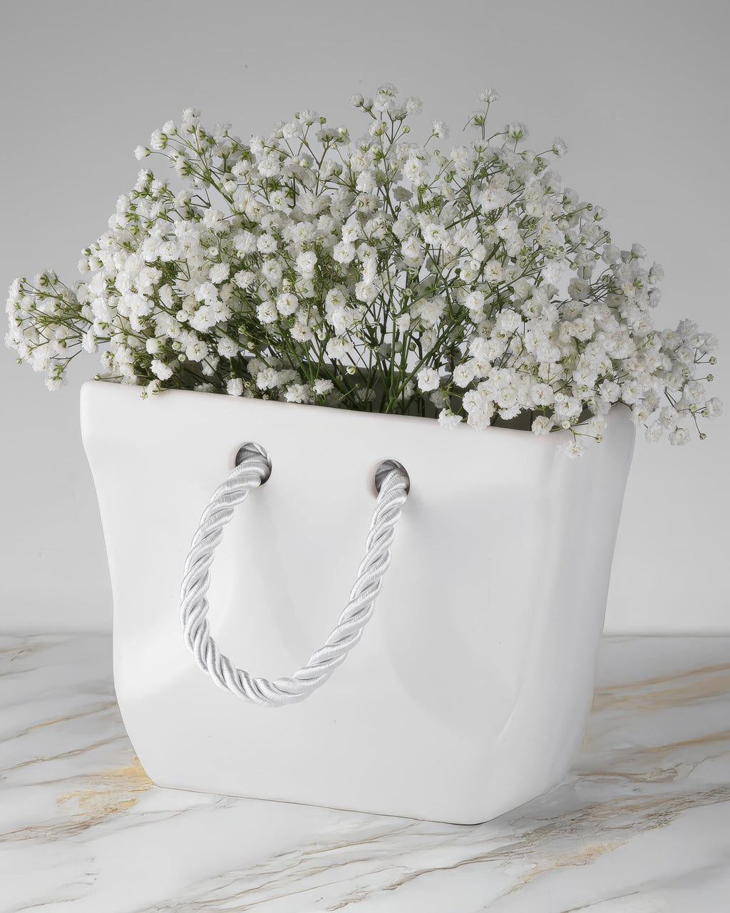 White Ceramic Handbag Vase with Rope Handles
