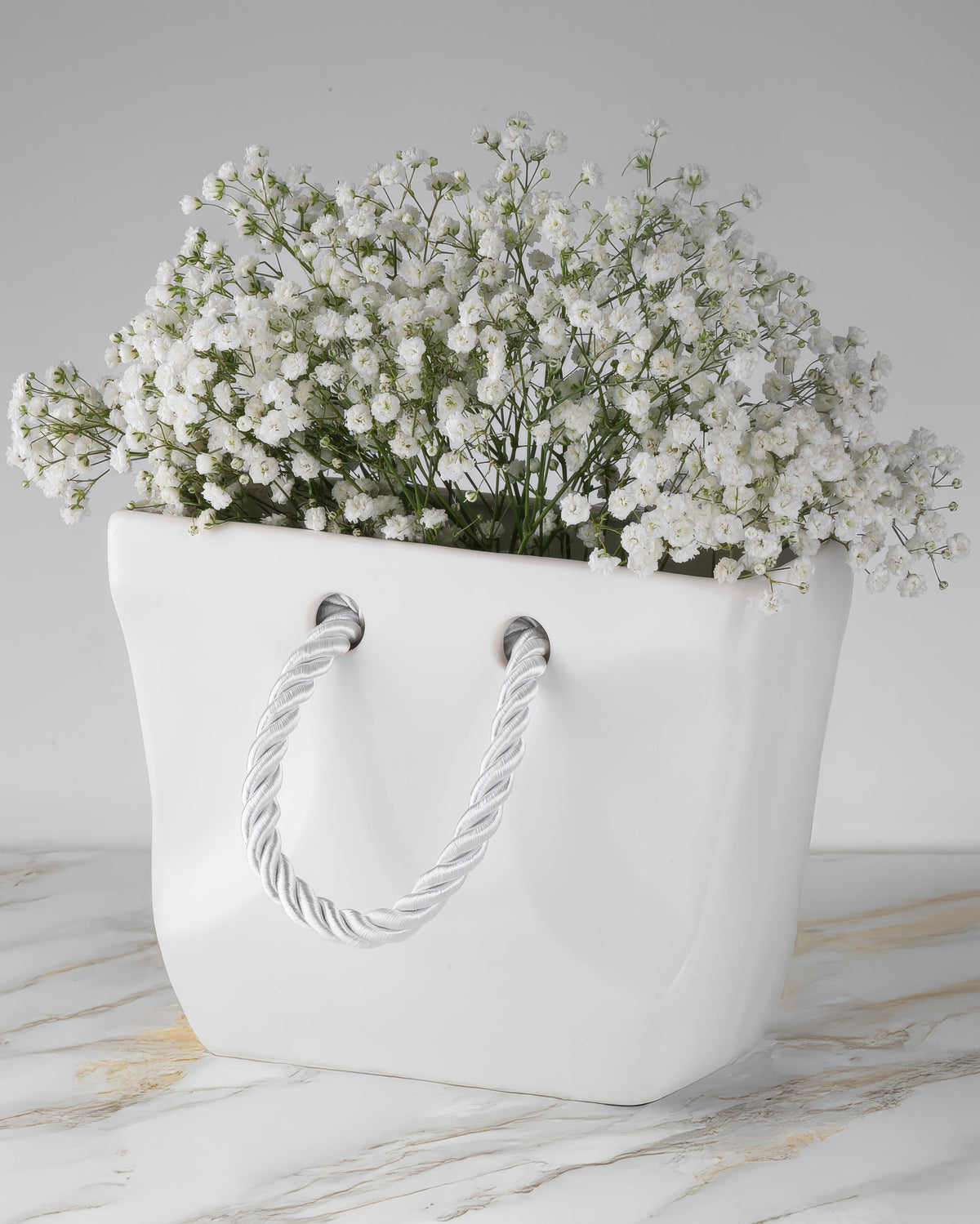 White Ceramic Handbag Vase with Rope Handles