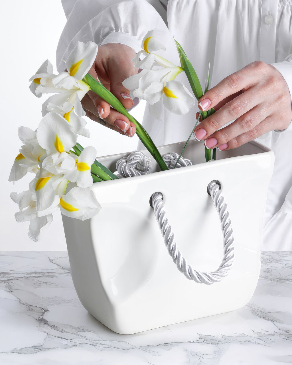 White Ceramic Handbag Vase with Rope Handles