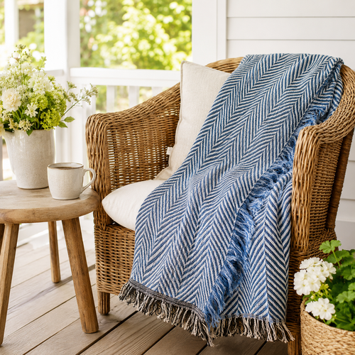 Blue Herringbone Reversible Cotton Throw