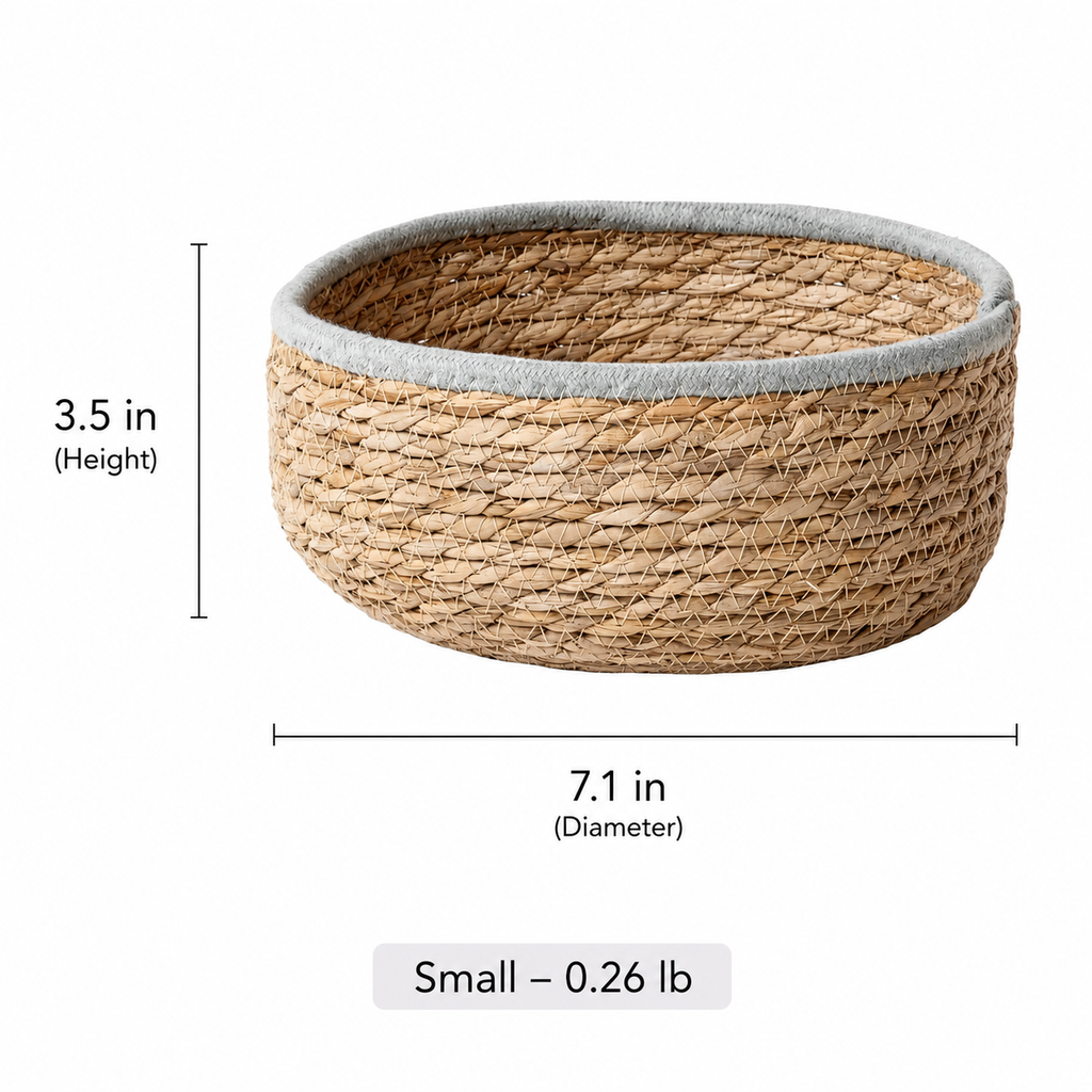 Natural woven seagrass storage baskets with blue-gray rims — view 6
