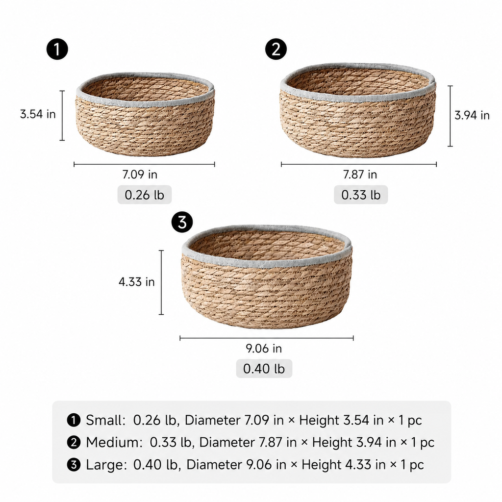 Natural woven seagrass storage baskets with blue-gray rims — view 9