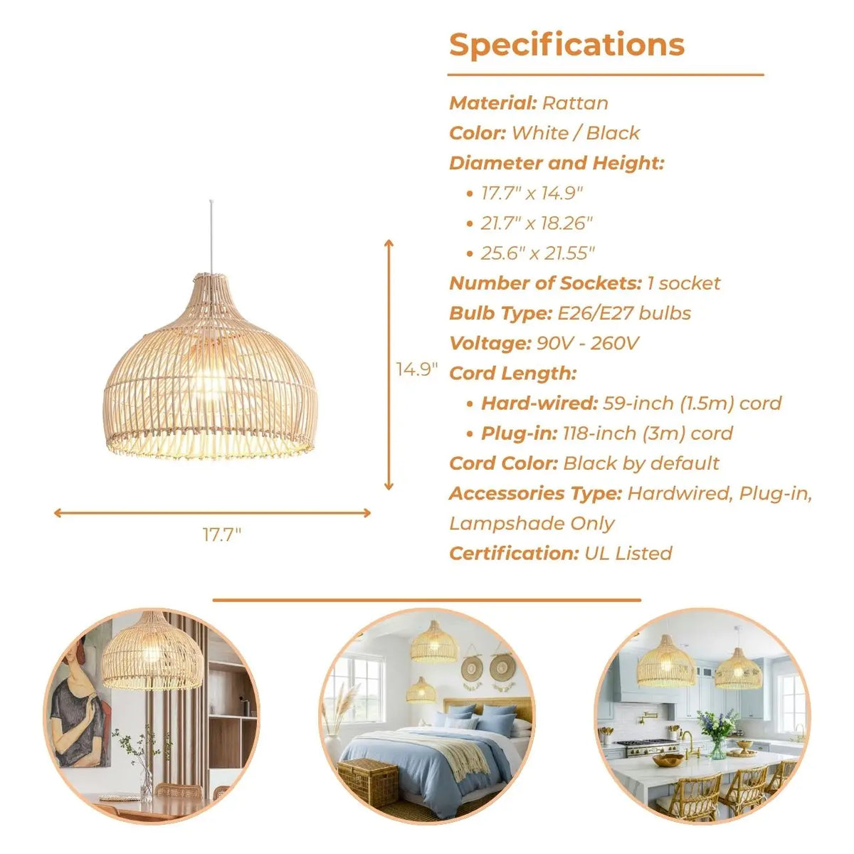 Serene Rattan Dome Pendant Light — product view 7