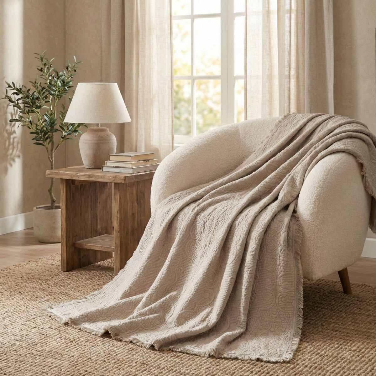 Sandy Taupe Cotton Quilted Throw — 50 x 60 in
