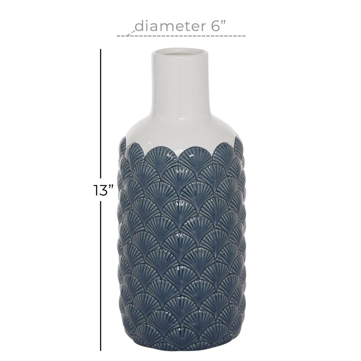 Blue and white shell pattern ceramic vase with dimension guide
