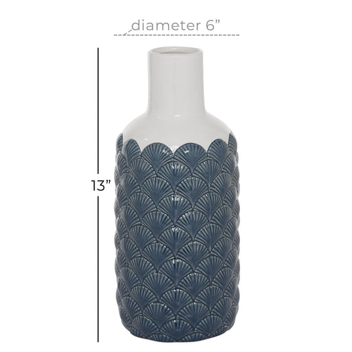Blue and white shell pattern ceramic vase with dimension guide