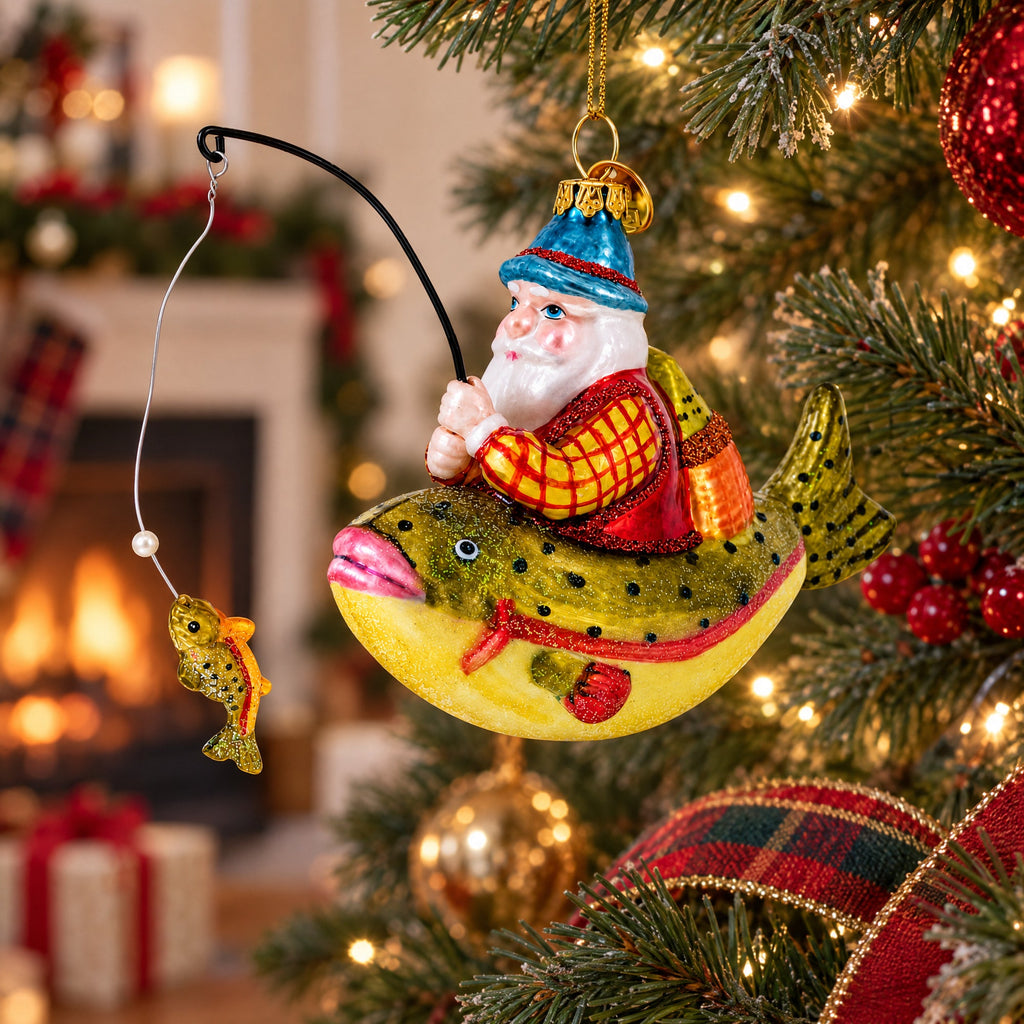 Santa Fishing Glass Ornament
