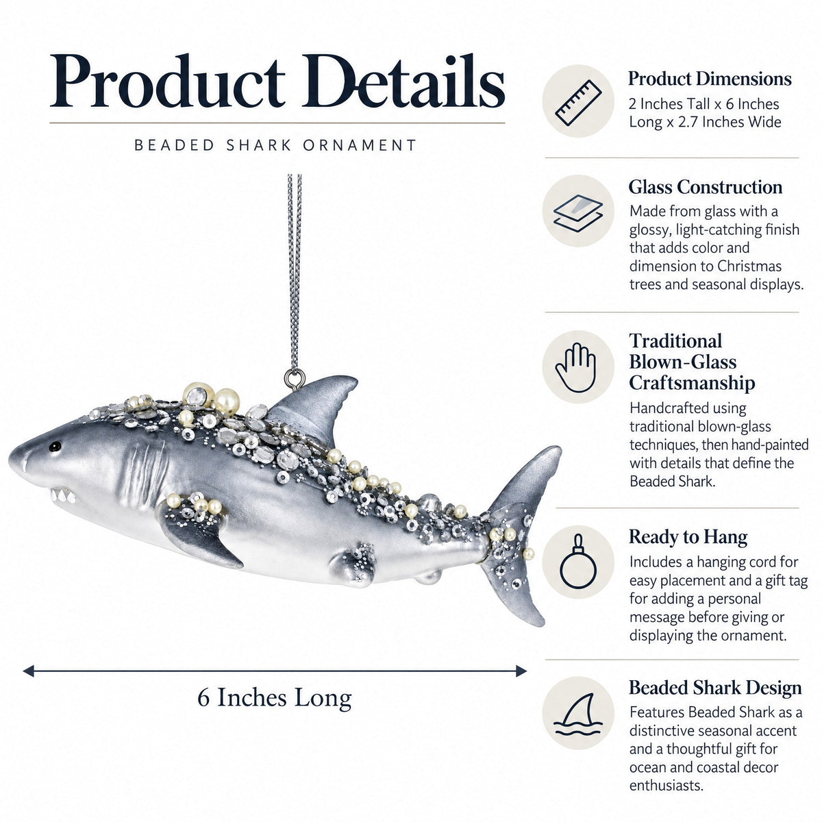 Beaded Shark Glass Ornament