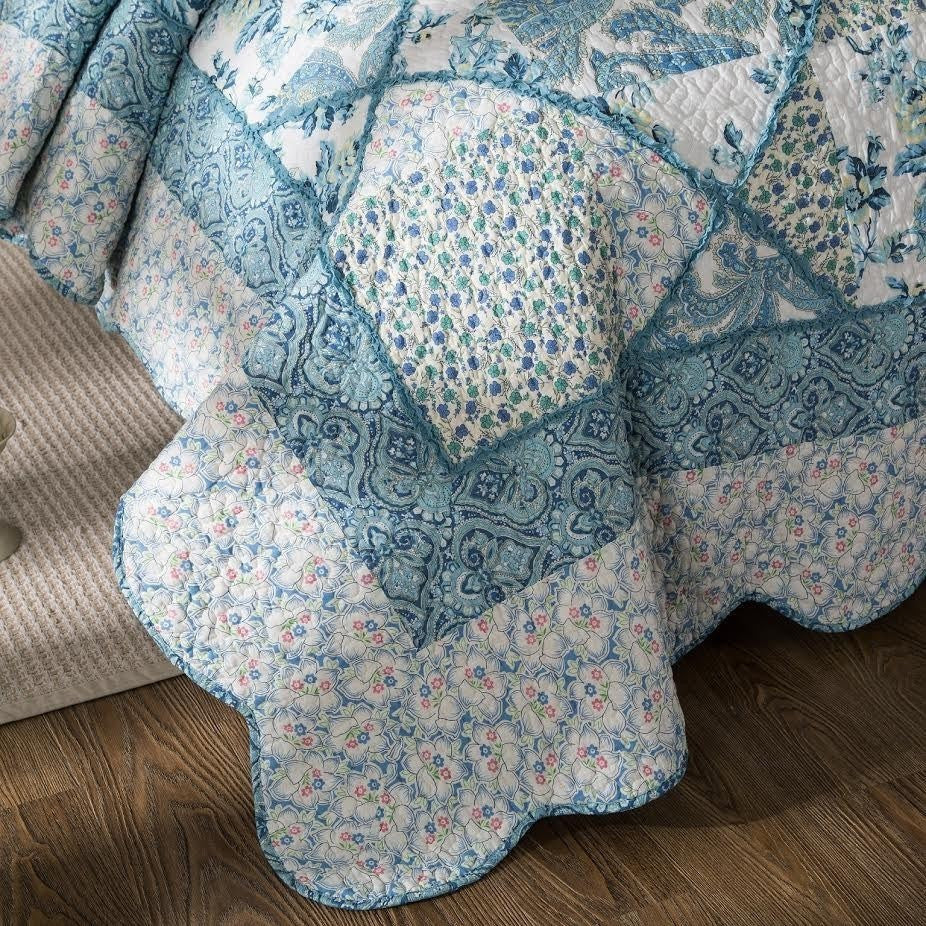 Petal Dance Blue & Ivory Cotton Patchwork Quilt Set
