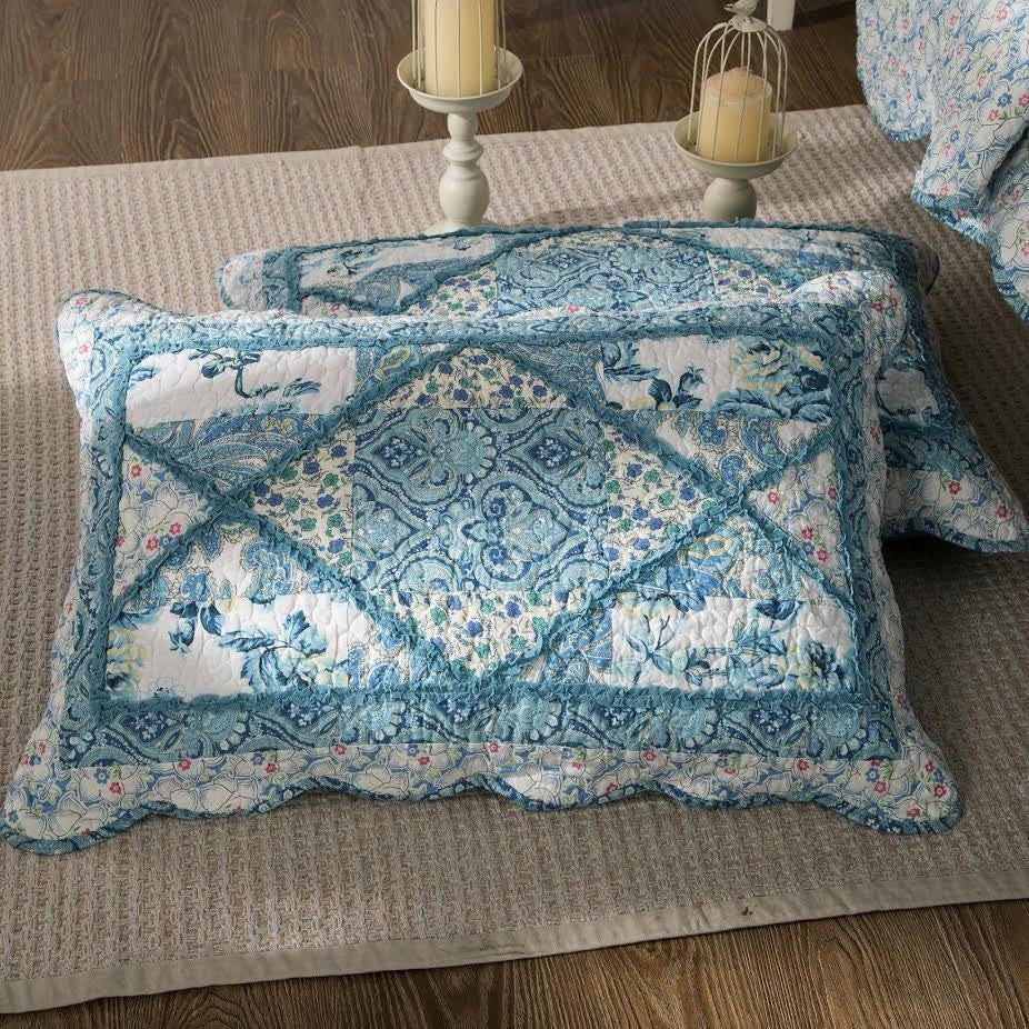 Petal Dance Blue & Ivory Cotton Patchwork Quilt Set