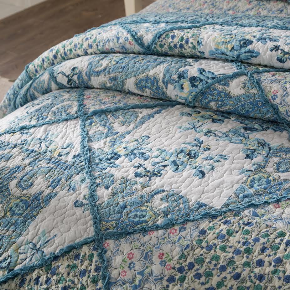 Petal Dance Blue & Ivory Cotton Patchwork Quilt Set