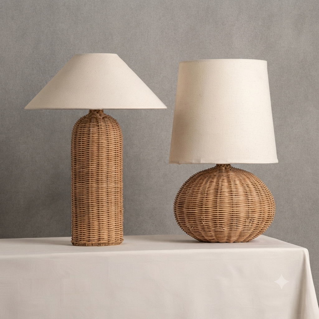 Natural Rattan and Fabric Table Light | Modern Coastal Desk Lamp