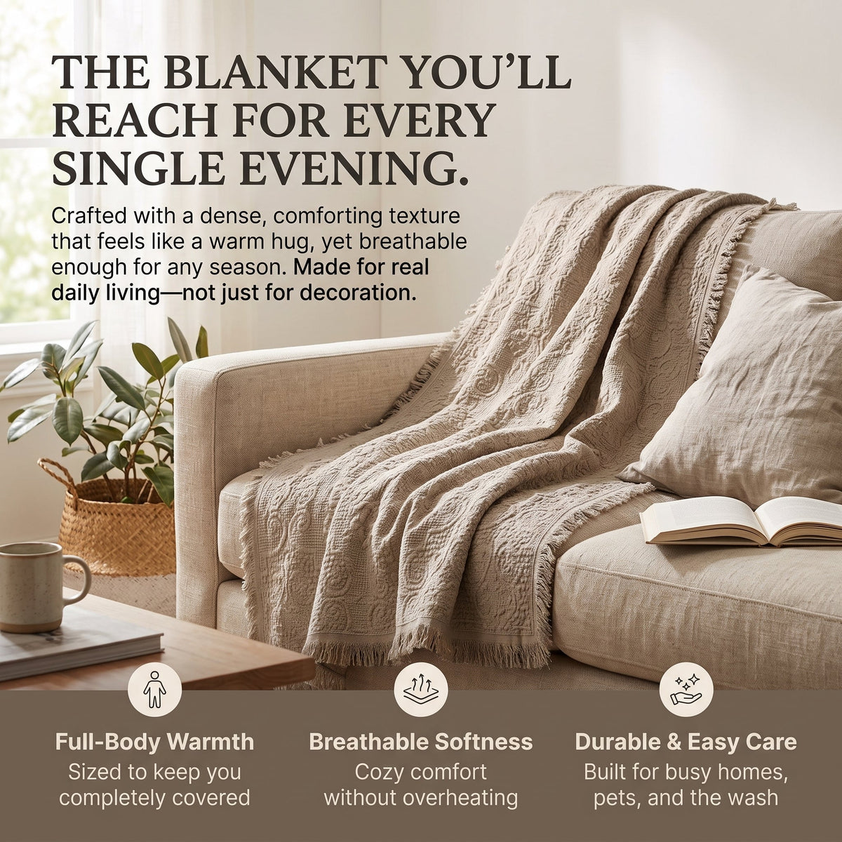 Sandy Taupe Cotton Quilted Throw — 50 x 60 in