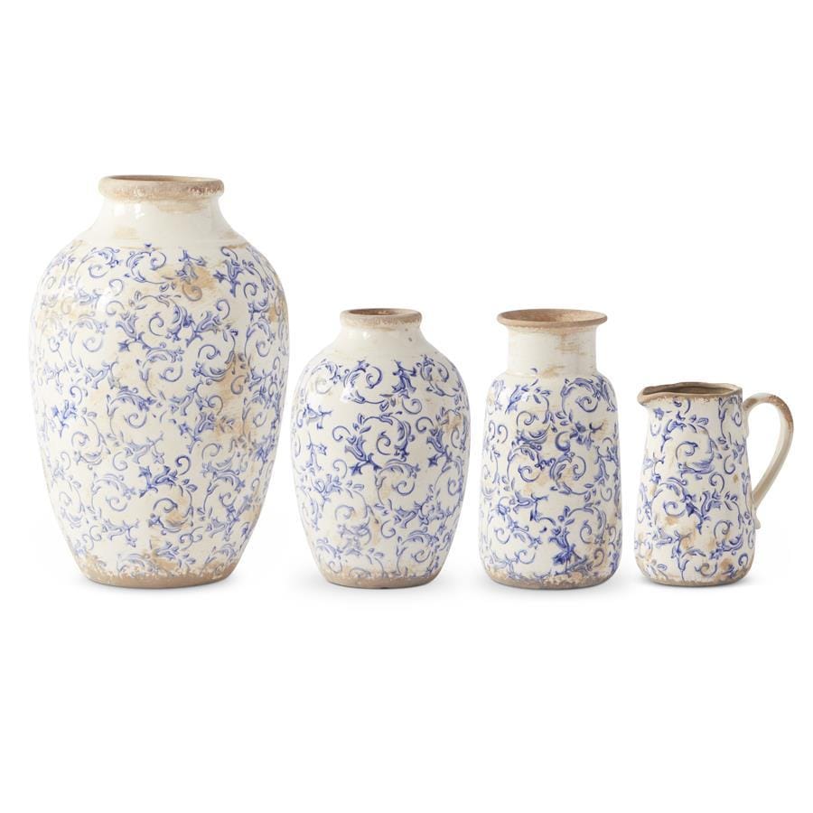 Blue and white chinoiserie ceramic vases in three sizes and a pitcher; options sold individually