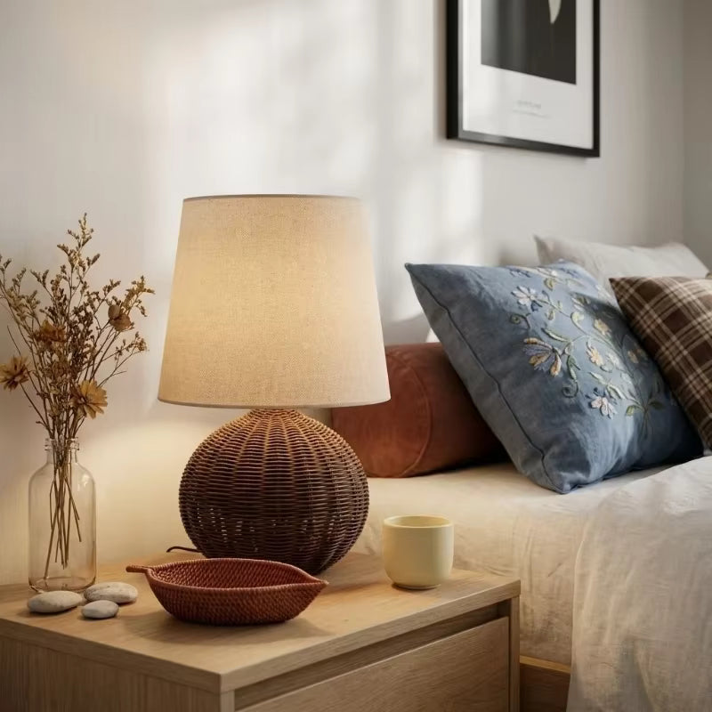 Natural Rattan and Fabric Table Light | Modern Coastal Desk Lamp